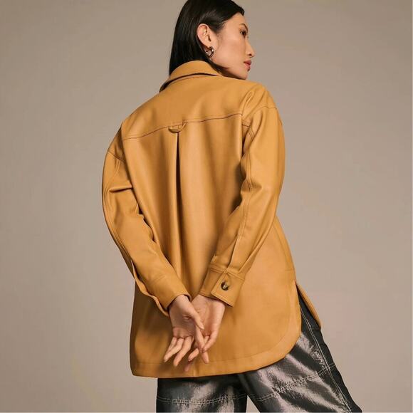 Anthropologie Maeve Faux Leather Shirt Jacket SIZE L Tan Gold Shacket Pocket - Picture 2 of 16
